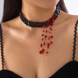 WCRAZYE Gothic Blood Necklace for Women Red Crystal Multi-layered Pearl Beaded Necklaces Halloween Vampire Costume Jewelry (Black Red)