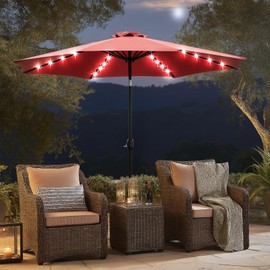 SMUG 10FT Solar Patio Umbrella with 32 LED Lights, Outdoor Umbrellas with Push Button Tilt and Crank, Tilting Table Umbrella with 8 Sturdy Ribs for Market, Beach, Pool, Garden, Deck, Backyard, Terrace, Restaurant, Deep Red