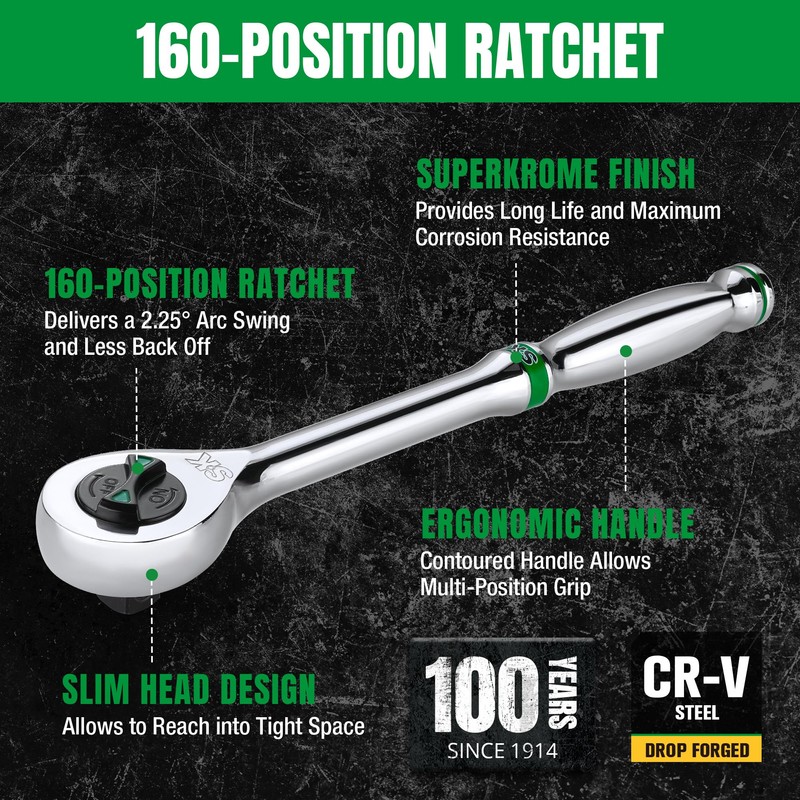 SK 1/2" Drive Ratchet Handle, 160-Position 2 Pawl Ratchet, Premium