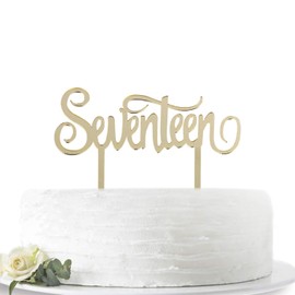 Decoración para tarta de 17 cumpleaños o 17 aniversario, acrílico, con espejo, color dorado