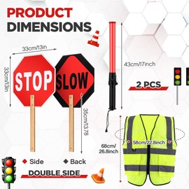 Jeere 4 Pcs Stop Slow Sign Signal Traffic Wand Reflective Safety Vest Set 13" Crossing Guard Stop Sign with Handle 17" LED Traffic Control Baton High Visibility Security Vest for Road Airport Parking