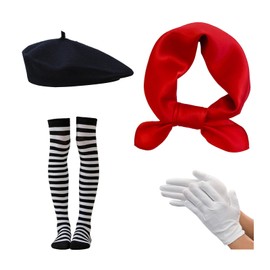 Pantomime Clothing Fashion Beret Retro Casual Round Hat Striped Knee Socks White Cotton Gloves Red Silk Scarf Small Square Neckerchief Cosplay Carnival Costumes Masquerad Pack of 4, black, One size