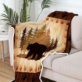 Manta rústica de franela de forro polar para cabaña de oso, manta de cama de animales salvajes, manta mullida de naturaleza y oso salvaje para cama, sofá, caza del bosque, granja, recámara de campo,