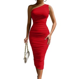 LAGSHIAN Women's Sexy Bodycon One Shoulder Sleeveless Ruched Midi Club Party Dress Red