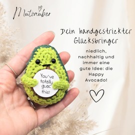 Mutzauber - Happy Avocado - Hand Knitted Lucky Avocado in Exclusive Gift Box | Sweet Motivational Gift & Lucky Charm for Exams, Courage & Small Gifts (Avocado)