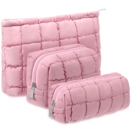 Huhumy 3 Pcs Puffy Makeup Bag Quilted Makeup Bag Cute Checkered Cosmetic Bag for Women Travel Toiletry Bag Puffer Makeup Pouch Puffy Purse Pouch Preppy Makeup Organizer Pencil Case with Zipper(Pink)