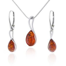 AMBEDORA Monique 2 Small Jewellery Set Polished Sterling Silver Baltic Amber Cognac Colour Silver Pendant on Chain and Earrings, Sterling Silver, Amber