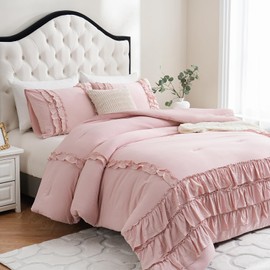 Herside Pink Comforter Set King Size,Waterfall Ruffle Shabby Chic Farmhouse Bedding Sets,Soft Fluffy Boho Comforters Sets for All Season,Vintage Ruffled 3 PCS Lightweight Quilt Set for Women Girls
