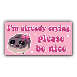 Magnetic Bumper Sticker Funny Sad Hamster Meme Magnet Sticker I'm Already Crying Please Be Nice Pink Funny Magnet Bumper Sticker for Car Truck, Waterproof UV-resistant Size 7.5x3.75in