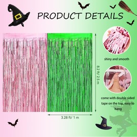 DABAOOU 2pcs 3.28 x 8.2 Ft Green and Pink Glitter Streamers Backdrop Party Decoration Tinsel Foil Fringe Curtains for Witch Princess Themed Party Disco Cosplay Birthday Decor Supplies