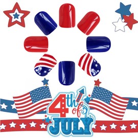 24 Pcs Independence Day Press on Nails Short Square 4th of July Fake Nails with American Flag Designs Full Cover Star Acrylic Nails Glue on Nails America False Nails for Patriotic Women Nail Design