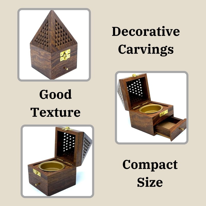 vrinda Wooden Pyramid Cone/Charcoal Burner with Storage Net Carving