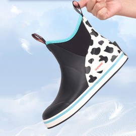 Showave Women's Deck Boots Waterproof Ankle Rain Footwear Non-Slip Rubber Boots for Boating Fishing Gardening Farming, Cow Print,Size 10