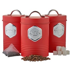 Cooks Professional 3 Piece Storage Canister Set | Labelled Containers for Tea Coffee Sugar | Canisters Sets for Kitchen Accessories & Essentials | Red & Silver