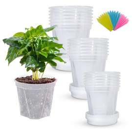 Clear Thick Plastic Pots for Plants with Drainage Holes, 5/6/7 Inch 18 Pack Reinforced Nursery Pots with Saucers & Labels, Indoor Outdoor Use for Flowers Succulents Herbs Vegetables Seed Starting