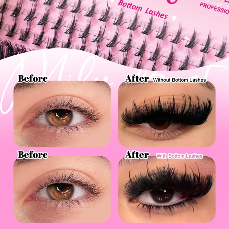 Long Fluffy Lash Clusters Kit 200D with Bottom Lashes, 16-25mm