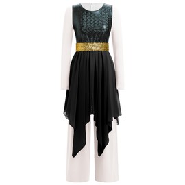 IBAKOM Women Praise Dance Overlay and Tunic with Long Sleeve Jumpsuit 2 Pieces Worship Shiny Metallic Chiffon Skirt Wide Leg Jumpsuit Liturgical Dancewear Holy Temple Church Robe Black+White L