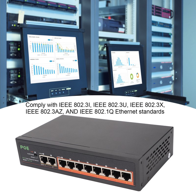 PoE Switch 8 Ports 10/100Mbps 90W RJ45 Adaptive Port LED