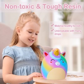Piggy Bank Girls Unicorn Piggy Banks Cute Unbreakable Resin Coin Money Bank with Stickers Bracelet Set for Kids Toddlers, Rainbow