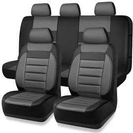 CAR PASS Leather Seat Covers Full Set Universal Water Resistant 3D Foam Back Support, Luxury Comfort Automotive 5 Seat Covers All Season Fit for SUV,Sedan,Van, Airbag Compatible Elegance(Gray Black)