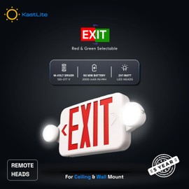 KastLite LED Bi-Color Emergency Exit Sign Combo with 2 LED Lamps, 90 Min Backup, Damp Rated, UL Listed, 120-277VAC, White - Remote Capable, 2 Pack