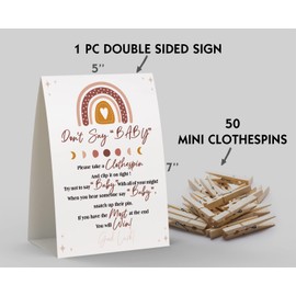 Don't Say Baby Sign, Baby Shower Clothespin Game, Includes a 5x7 Standing Sign and 50 Mini Natural Clothespins - Toctose051