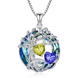 TOUPOP s925 Sterling Silver Family Tree of Life Pendant Necklaces with 2 Heart Birthstone with Crystal Chain Jewellery Birthday Christmas Gifts for Women Her, Sterling Silver, Cubic Zirconia