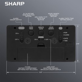 Sharp Alarm Clock with Indoor Temperature, Nightlight, Calendar, Battery Operated Digital Small Clock for Bedrooms or Travel, Black