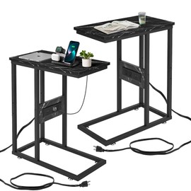 VECELO C-Shaped End Side Table Set of 2, with Charging Station & Two USB Ports and Outlets for Living Room, Bedroom, with Adjustable Feet for Couch/Sofa, Bedside, Small Spaces，Black Marble