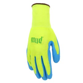 MUD Super Grip Latex Coated Palm Garden Work Gloves, Water Resistant, Polyester Knit Shell, Elastic Knit Wrist, Lime Green/Blue, Small (SM7187G/S)