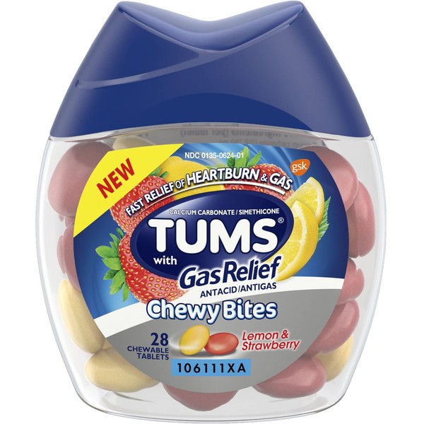 TUMS Chewy Bites Chewable Antacid Tablets with Gas Relief, Lemon & Strawberry - 28 Count