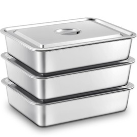 Tiangrid 3 Pcs 13 L Stainless Steel Bus Tubs with Lid 17.7" L x 13.7" W 4" Deep Meat tub Commercial Tote Box Dishwashing Tubs Utility Tub Prep Tub Table Pans, Silver