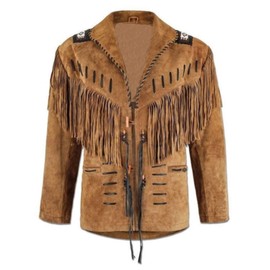 100% Real Suede Western Style Leather Jacket for Sale Native American Coat Fringe Black