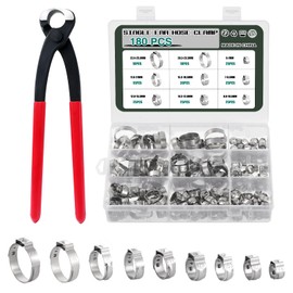 Knpwer 180 Pieces 304 Stainless Steel Single Ear Continuous Hose Clamp Set, 6-25.6 mm, 9 Sizes, Crimp Hose Clamps Assortment Kit, Ear Cinch Rings, Crimp Pinch Fitting Tools