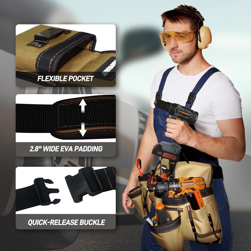 COMOWARE Tool Belt for Electricians & Construction Workers, Adjustable Heavy