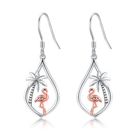 Flamingo Earrings Sterling Silver Palm Tree Leverback Dangle Drop Pink Animal Jewelry Summer Gifts for Women