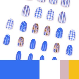 Summer Flower Press on Nails Short Oval Fake Nails with Blue Plaid Dot Stripe Designs Glossy Blue Acrylic Full Cover Summer Glue on Nails Almond Nails Press ons Short Stick on Nails for Women 24PCS