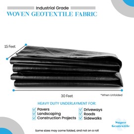 Super Geotextile Woven Geotextile Fabric for Driveway and Road Stabilization, Construction Underlayment, Erosion Control, Commercial Grade 50 Year for Gravel Roads and Pavers (15x30) Ships Folded