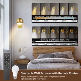 VATONI Wall Sconce with Remote Control, Plug in Wall Sconces Dimming 0-100% and Adjustable Color Temperature 2700K-6000K, Brushed Brass Globe Swing Arm Wall Lights with Plug in Cord(2 Pack, 2 Bulbs)