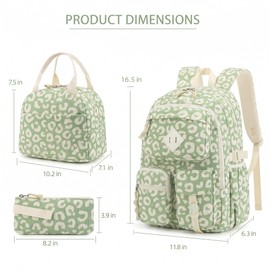 Lrenagao 3Pcs Corduroy School Backpack for Girls, Kids Teens Large Capacity School Bag Bookbags Set Casual Daypack Fits 15.6 inch Laptop with Lunch Box and Pencil Case (Corduroy Leopard Green)