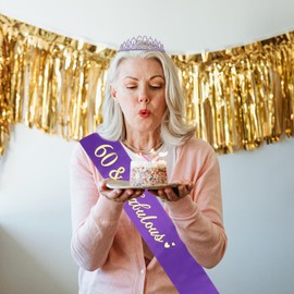 Casoty 60th Birthday Sash and Tiara for Women, 60th Birthday Decorations for Women, Purple 60th Crown and 60th Birthday Sash Set, Happy 60th Birthday, 60th Birthday Gifts for Women