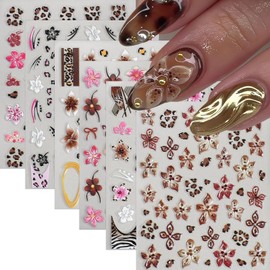 6 Pcs Fall Winter Flower Nail Art Stickers Decals Leopard Print French Flowers Nail Decals 5D Embossed Golden Circle Hibiscus Nails Designs Vacation Fall Brown Leopard Flower Nail Supplies for Women