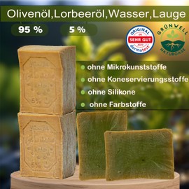 Grünwell Naturoase Aleppo Soap Original 95% Olive Oil 5% Laurel Oil Approx. 600 g / Olive Oil Soap Natural Care for Face and Body Hair Soap Olive Oil Soap Aleppo Soap Original Aleppo Soap