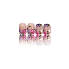 24 Pcs Purple Press on Nails Short Square,YIHONGYUAN Cute Fake Nails Press ons Nail Tips Acrylic Kit Glue on Nails Full Cover False Nails with Flower Leaves Glossy Design Stick on Nails for Woman