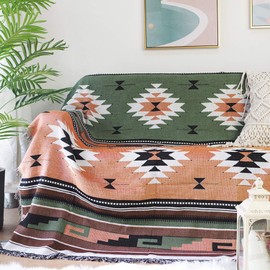Luxlovery Bohemian Sofa Throw Blankets Ethnic Woven Boho Green and Orange Multicolor Throw Blanket for Couch Bed Throws Chair Sofa Cover with Tassels(35"x59")