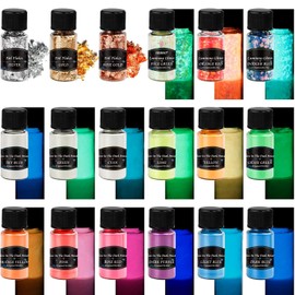 Biutee Luminous Powder, Luminous Paint Powder, 0.7 oz (20 g), 18 Set, 12 Colors Luminous Powder, 3 Color Gold Foil, 3 Colors Luminous Sequins, Color Paint, High Brightness, Long Time, Glow in the Dark