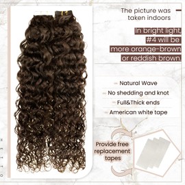 Hetto Tape in Hair Extensions Curly Tape in Extensions Medium Brown Tape in Hair Extensions Curly Human Hair Tape in Extensions #4 Brown 18Inch 20Pcs 50g