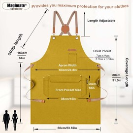 Chef Apron for Men Women with Pockets | Adjustable Cross-Back Work Apron | Canvas Kitchen Cooking BBQ Apron | Barista Bartender Barber Professional Apron | Art Craft Gardening Florist Aprons - Yellow