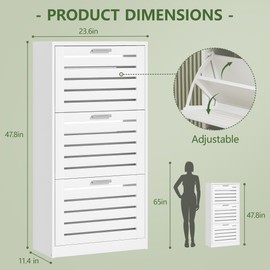 VECELO Shoe Storage Cabinet with 3 Flip Drawers, Slim Hidden Free Standing Organizer for Narrow Entryway, Adjustable Shelf, Modern Style, White (47.8" x 23.6" x 11.4")