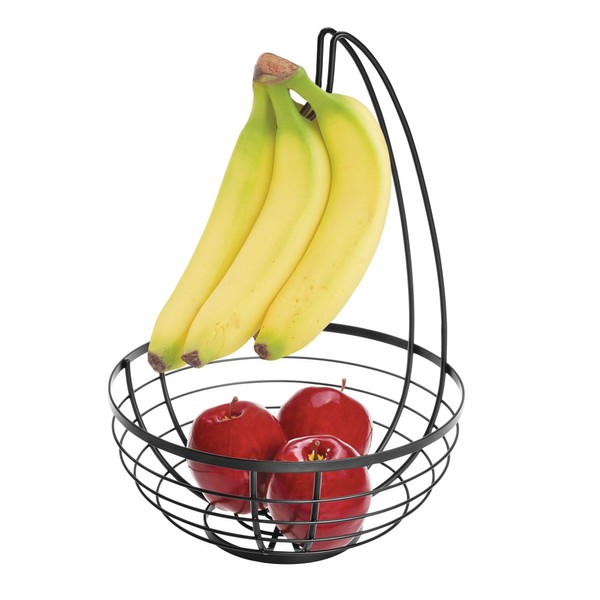 iDesign 51687 Austin Wire Bowl, Metal Fruit Basket with Banana Holder, Matte Black, Steel, 27.4 cm x 27.4 cm x 20.1 cm